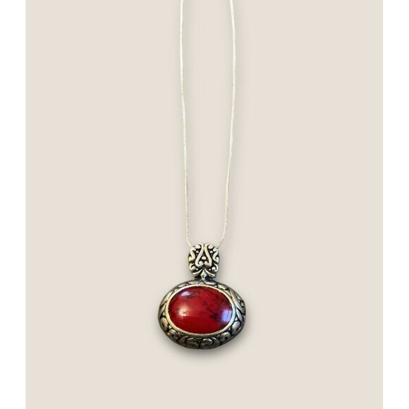 Mexico Jewelry - Sterling Silver  Mexico Red Stone Pendant Necklace